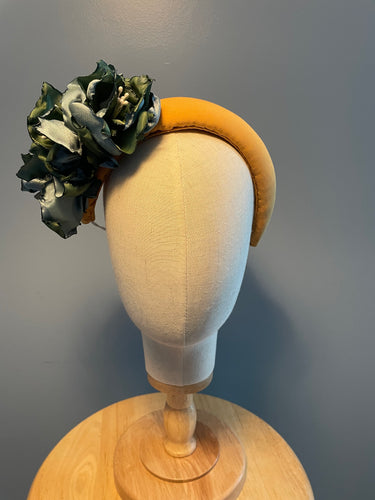 Golden mustard crepe headpiece with tarragon flowers