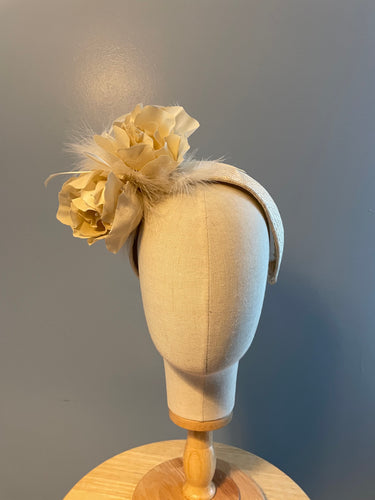 Ivory Parasisal straw crescent headpiece with flower and  feather trim