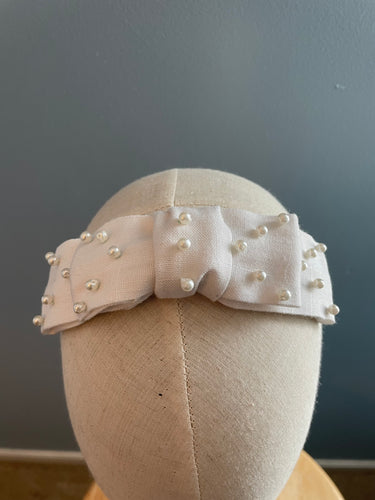 White pearl-beaded linen bow headband