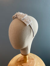 White pearl-beaded linen bow headband