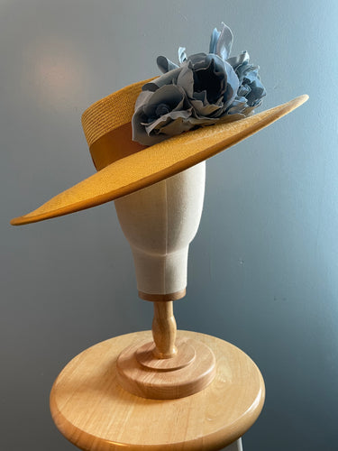 Golden Parasisal straw boater hat with blue handmade flowers