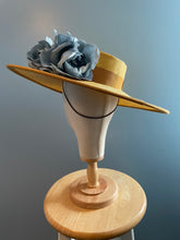 Golden Parasisal straw boater hat with blue handmade flowers