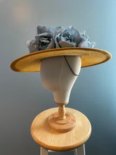 Golden Parasisal straw boater hat with blue handmade flowers