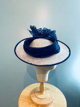 Silver sinamay and royal blue silk abaca saucer hatinator