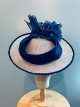 Silver sinamay and royal blue silk abaca saucer hatinator